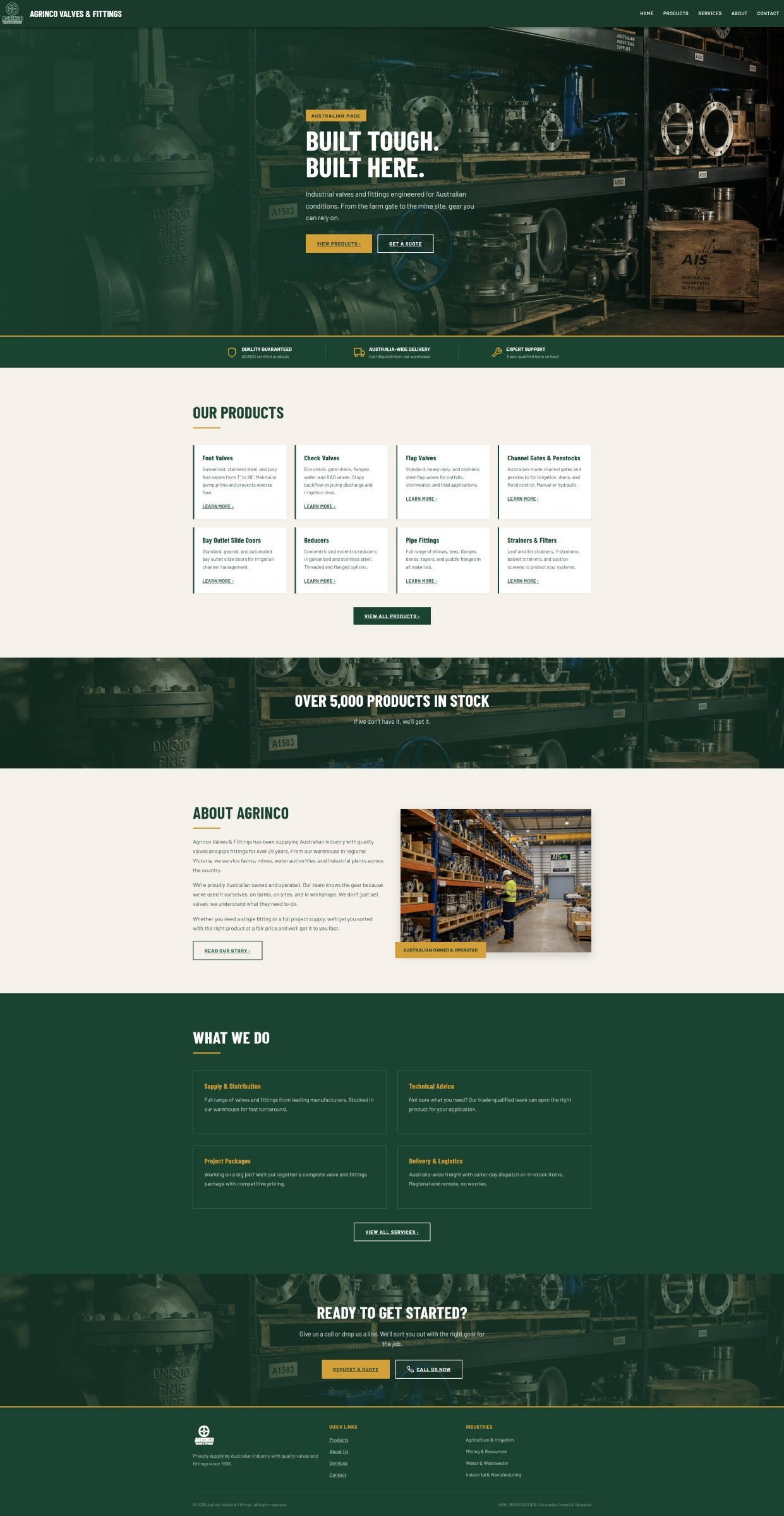 Agrinco home page with the Built Tough Built Here headline over a valve warehouse