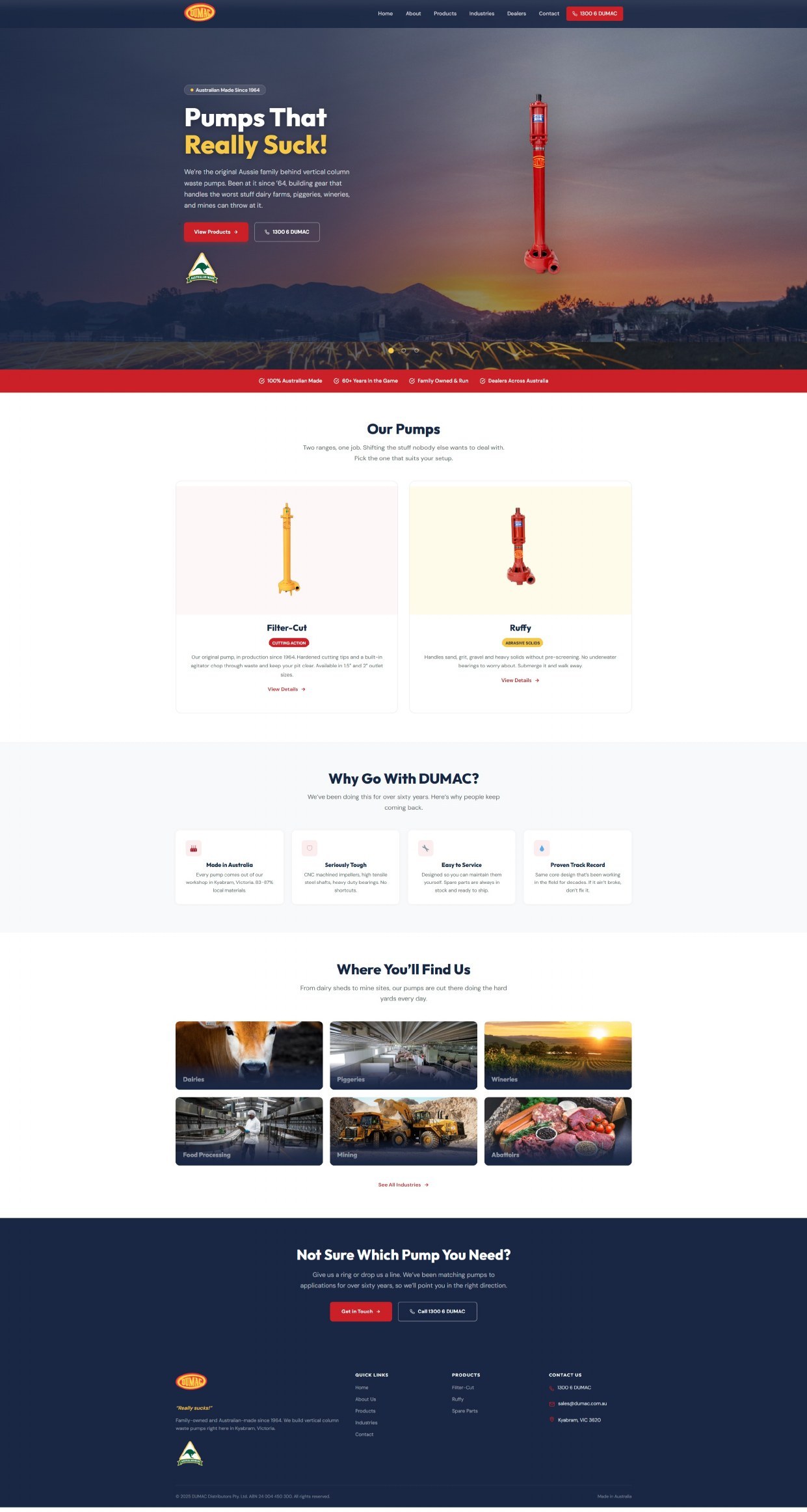 DUMAC home page with the Pumps That Really Suck headline and a vertical column waste pump