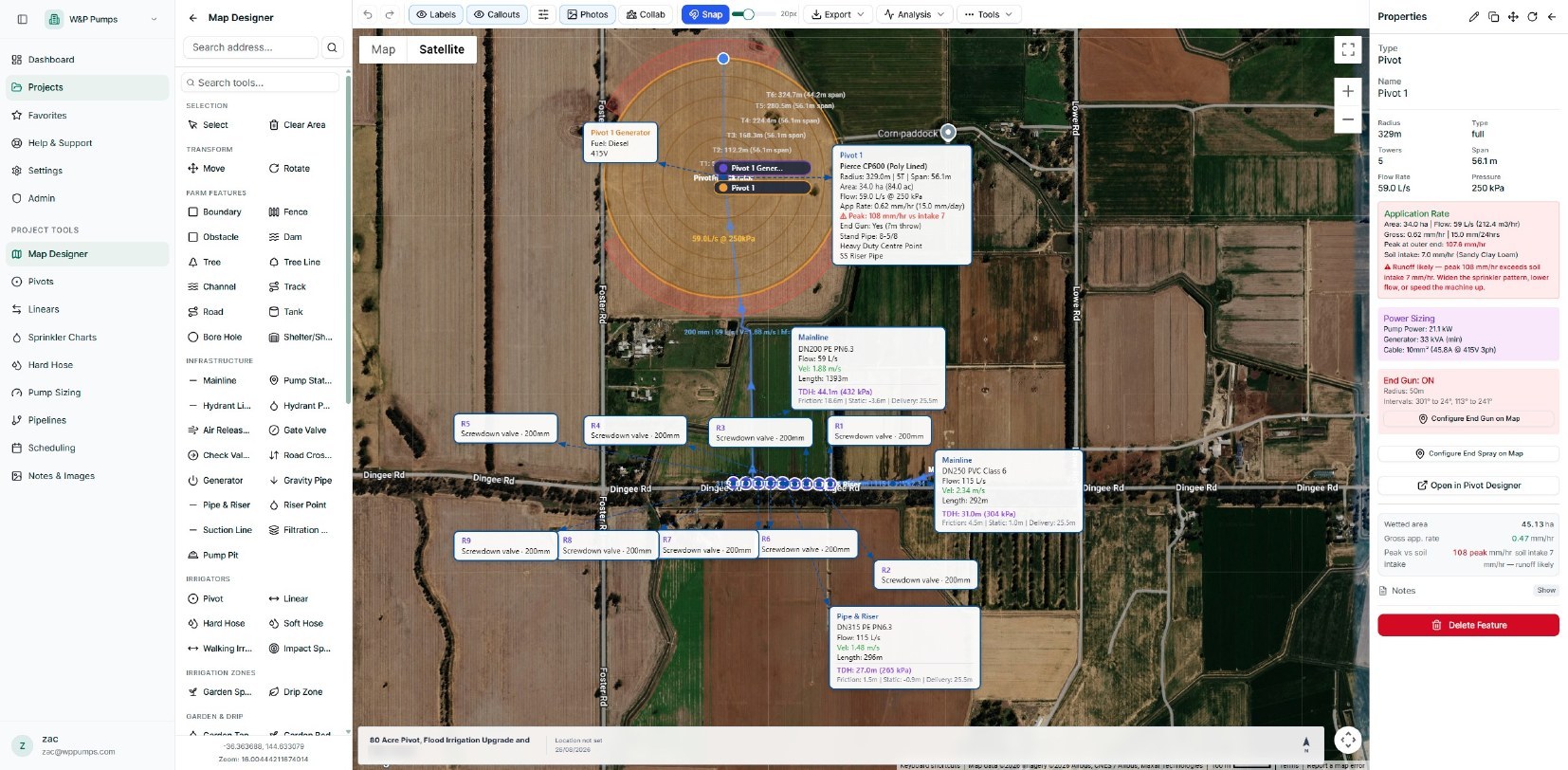 IrriDesign Pro map designer showing a centre pivot, mainline hydraulics and a properties panel over satellite imagery