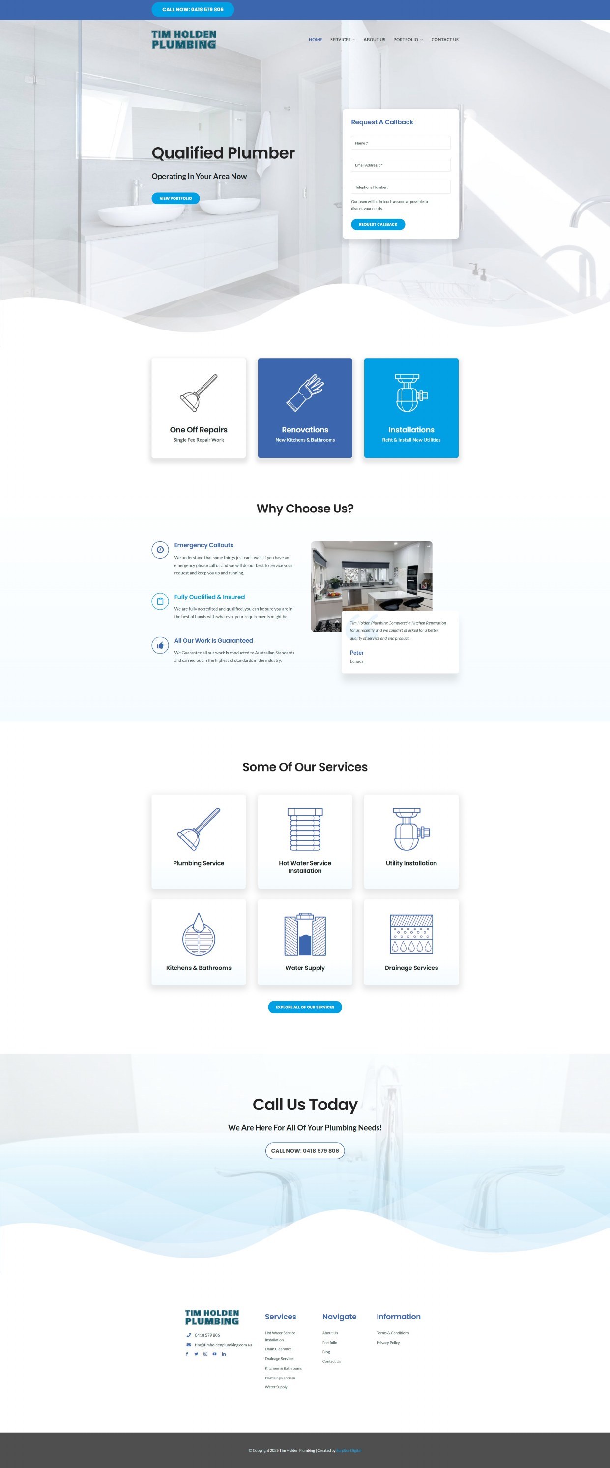 Tim Holden Plumbing home page with a call now bar, Qualified Plumber headline and a request a callback form